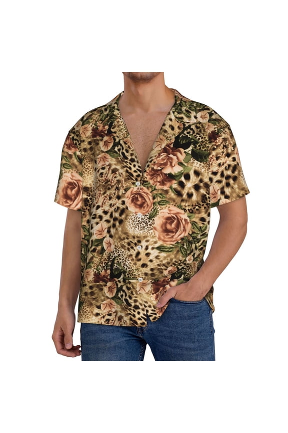 Animal Leopard Men's Casual Short-sleeved Shirt, a button-up collared shirt with a pocket-XX-Large