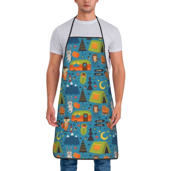 Xecao Animals In Camping Print Funny BBQ Chef Aprons for Men Women,Adjustable Kitchen Cooking Aprons with Pocket Waterproof Oil Proof No Pilling Fading