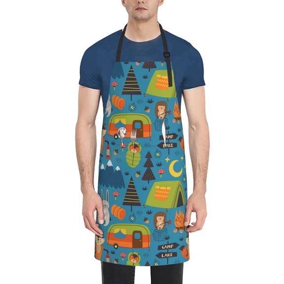 Xecao Animals In Camping Print Kitchen Cooking Aprons, Waterproof Adjustable Bib Aprons with 2 Pockets for Women Men Chef