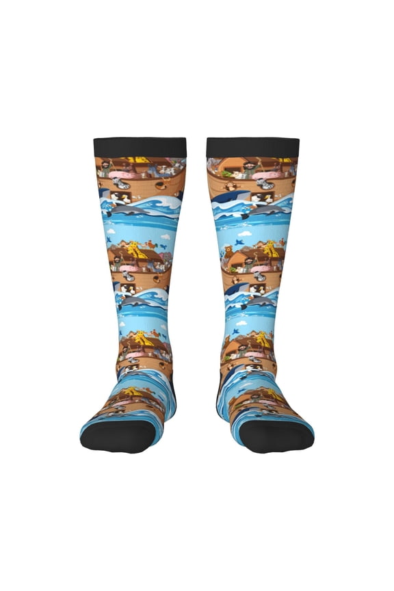 Animals on Noah's Ark Floating print thigh-high socks, crafted for both men and women with a stretchy, high-opaque design perfect for daily wear
