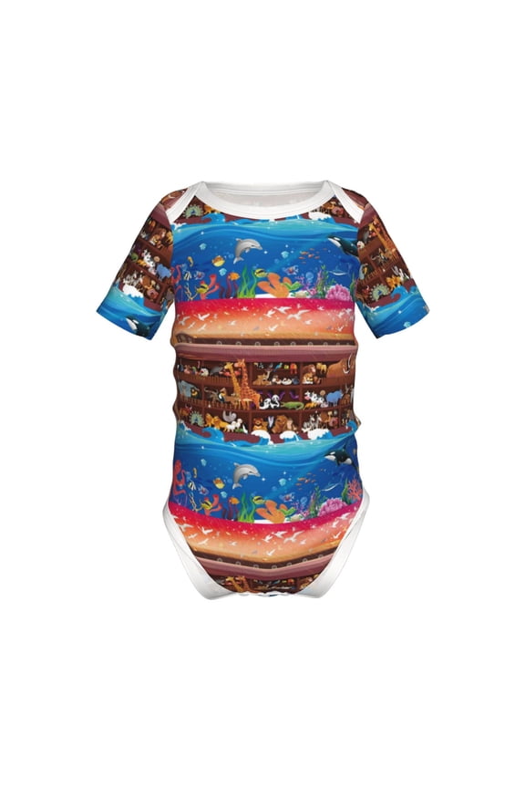 Animals On Noah's Ark2 Pattern Baby Climbing Bodysuit Short Sleeve Onesie Unisex 0-12 Months Baby Shirt Newborn Outfits Crotch snap design-18 Months