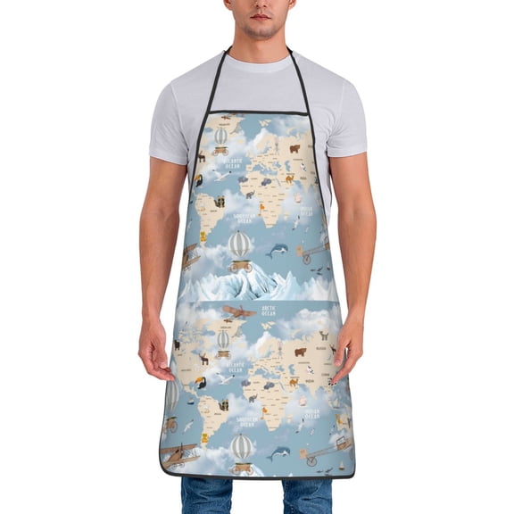 Xecao Animals Travel World Map Print Funny BBQ Chef Aprons for Men Women,Adjustable Kitchen Cooking Aprons with Pocket Waterproof Oil Proof No Pilling Fading