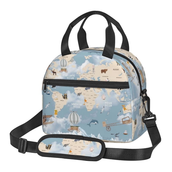 Xecao Animals Travel World Map Print Insulated Lunch Box, Lunch Cags Lunch Bag Featuring An Adjustable Shoulder Strap