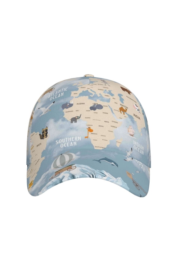 Animals Travel World Map for Baseball Cap: Unisex, crafted from classic polyester twill fabric, featuring a soft unconstructed design