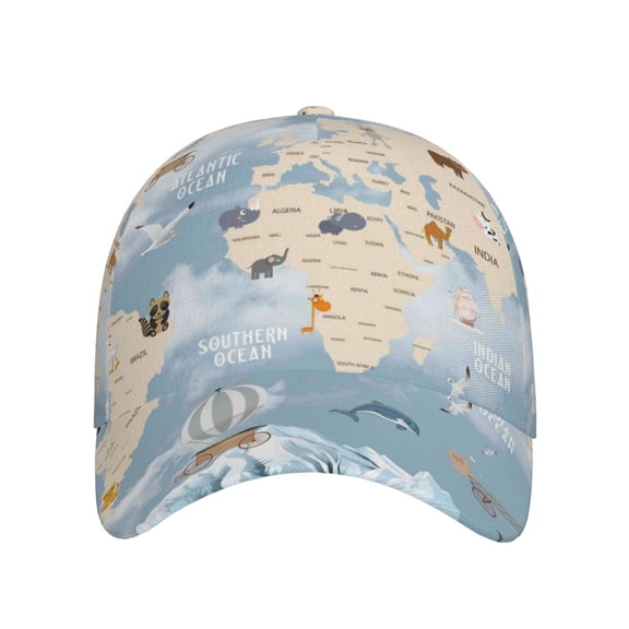 Xecao Animals Travel World Map for Baseball Cap: Unisex, crafted from classic polyester twill fabric, featuring a soft unconstructed design
