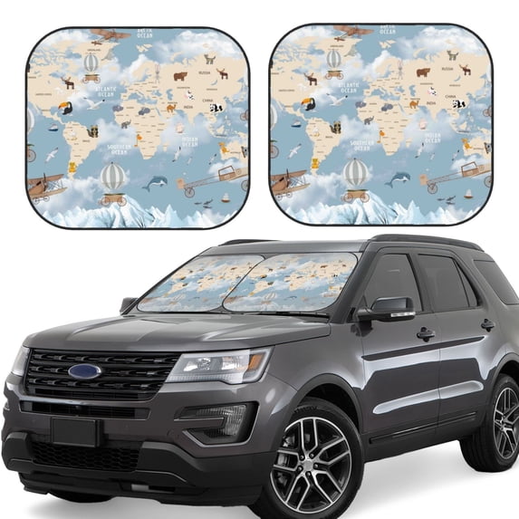 Xecao Animals Travel World Map for Foldable Car Sun Shades (2-Pack) offer sun protection with an easy-fold design for convenient windshield shading.