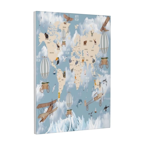 Xecao Animals Travel World Map for Ready-to-Hang Canvas Art 12x16 Inches - Waterproof HD Print Solid Wood Frame for Gifting,Vertical