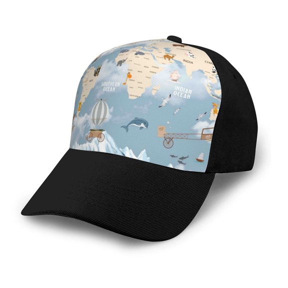 Xecao Animals Travel World Map print unisex vintage washed baseball cap, a soft and adjustable hat perfect for any casual style.