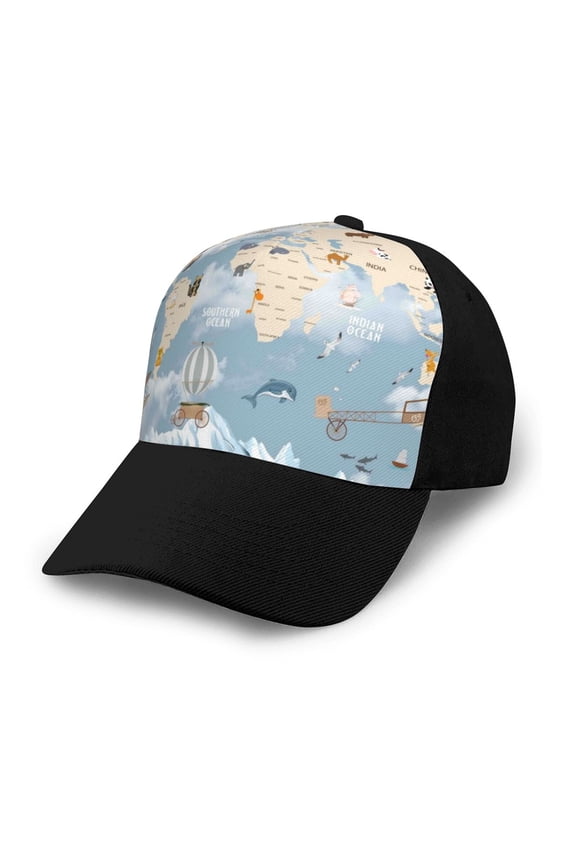 Animals Travel World Map print unisex vintage washed baseball cap, a soft and adjustable hat perfect for any casual style.