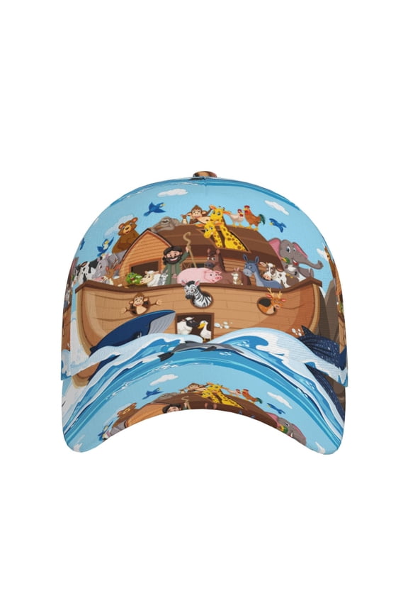 Animals on Noah's Ark Floating for Baseball Cap: Unisex, crafted from classic polyester twill fabric, featuring a soft unconstructed design