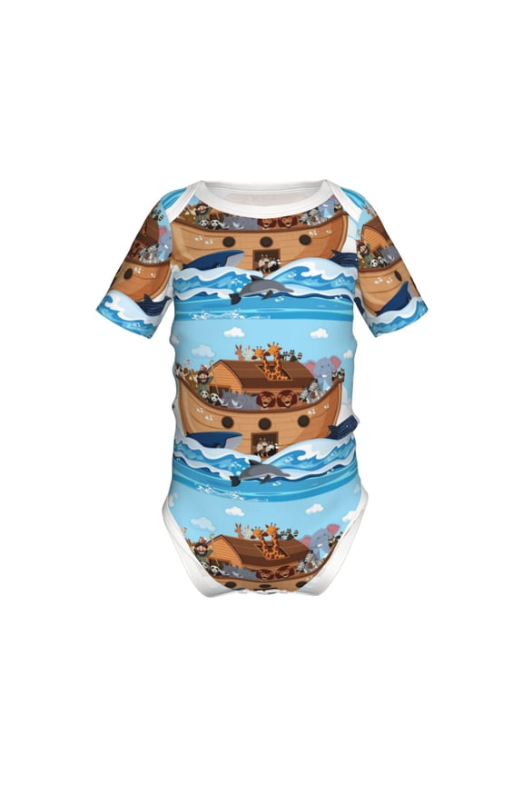 Animals on Noah's Ark Pattern Baby Climbing Bodysuit Short Sleeve Onesie Unisex 0-12 Months Baby Shirt Newborn Outfits Crotch snap design-