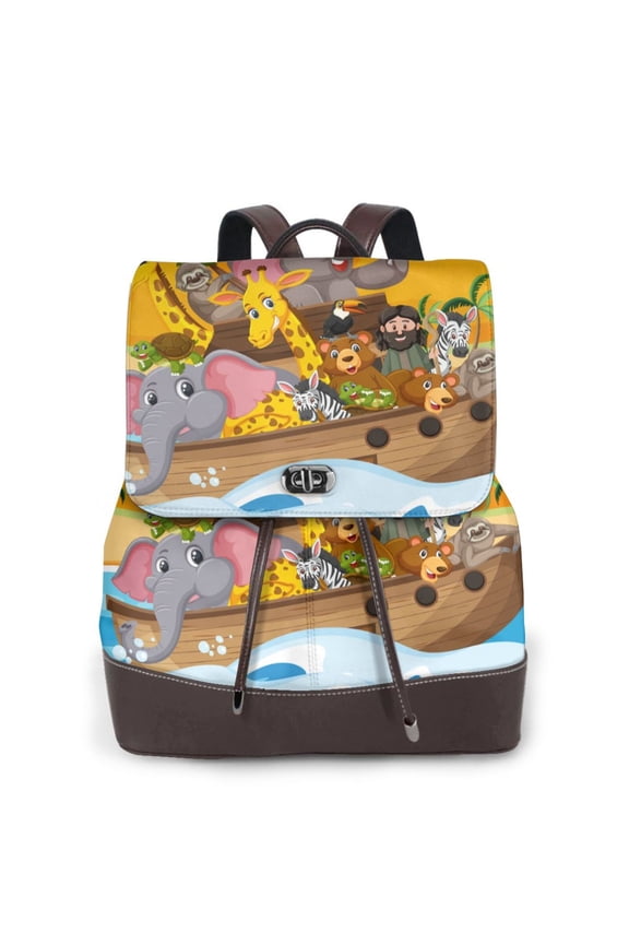 Animals on Noah's Ark1 Print Large Backpack Soft Leather for Women Travel with Compartment, Adjustable Convertible Strap