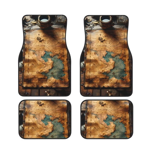 Xecao Antique Map Adventure Scene Print Car Foot Mat Set of 4 Pieces Neoprene All-Weather Dust-Proof Stain-resistantCar Interior Decorative mats Non-Slip Mats