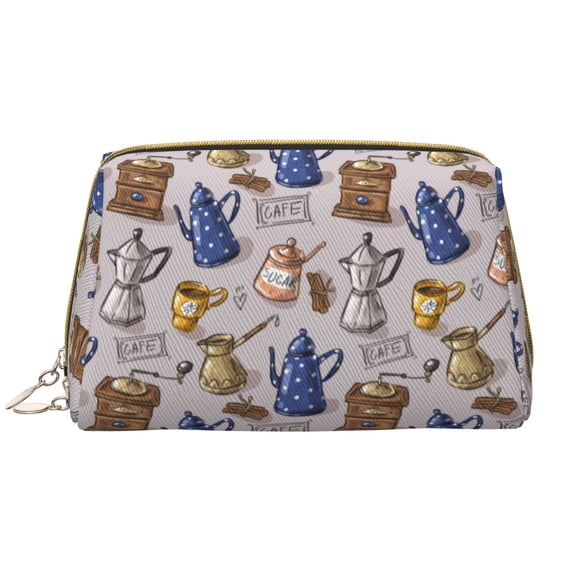 Xecao Antique Vintage Teapot Coffee Grinder Print Fashion Makeup PVC Bag Large Capacity Travel Cosmetic Bag for Women Organizer Toiletry Clutch