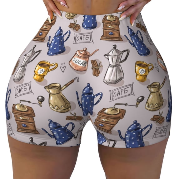 Xecao Antique Vintage Teapot Coffee Grinder Print Workout Shorts for Women Soft Smooth Gym Yoga Scrunch Active Tennis Workout Running Shorts