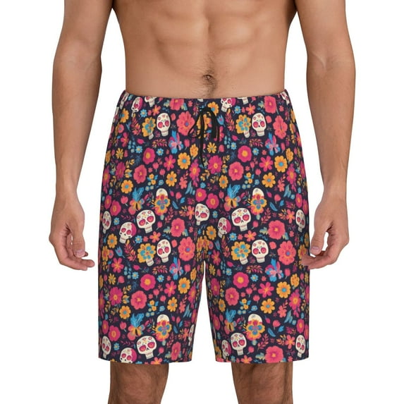 Xecao Apricot color Skull flower Print Men's Sleepwear Shorts Pajama Bottom Lounge Short nightwear with Convenient Pockets for Relaxed Home Wear-4X-Large
