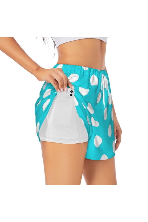 Aqua And White Polka Dot for Double-layer Running Short for Women, Perfect for Gym, Tennis, and More, Featuring a Convenient Pocket-Medium