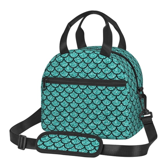 Xecao Aquamarine Glitter Print Insulated Lunch Box, Lunch Cags Lunch Bag Featuring An Adjustable Shoulder Strap