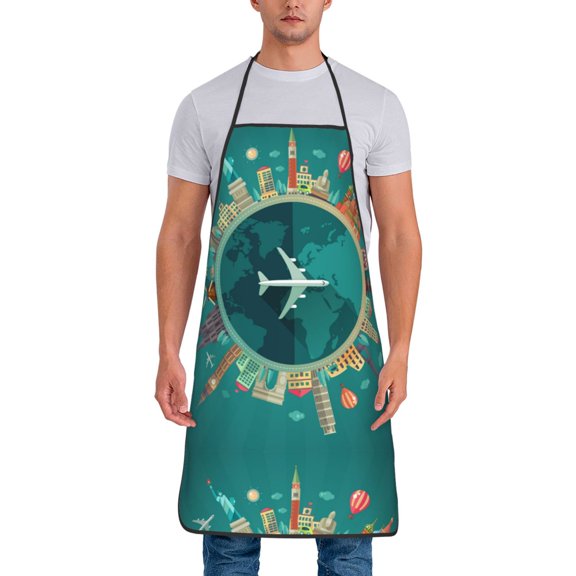 Xecao Around The Planet Print Funny BBQ Chef Aprons for Men Women,Adjustable Kitchen Cooking Aprons with Pocket Waterproof Oil Proof No Pilling Fading