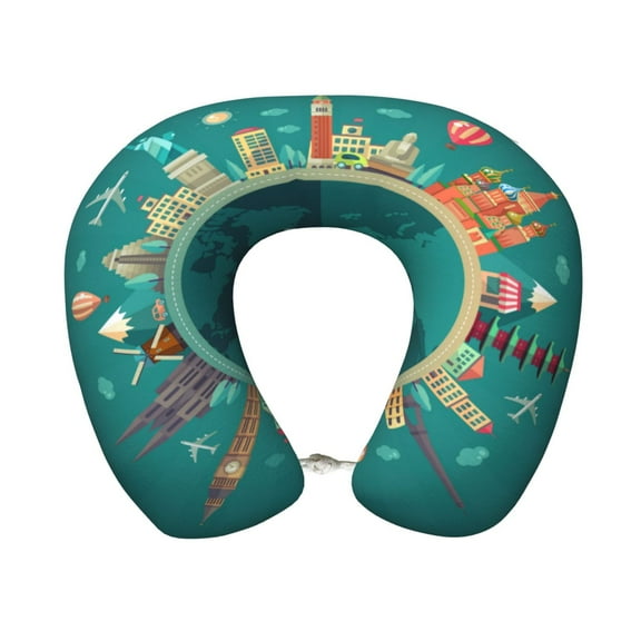 Xecao Around The Planet Print Memory Foam Cervical Neck Pillow Versatile U-Shaped Pillows for Home,Office,Camping,Travelling,Soft Washable Cover
