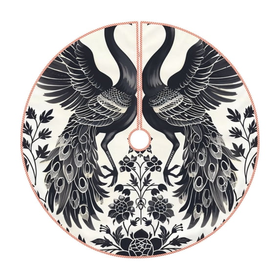 Xecao Artistic Black White Peacocks Pattern Christmas Tree Skirt Round Xmas Tree Mat Base Cover for Holiday Home Decorations-30"