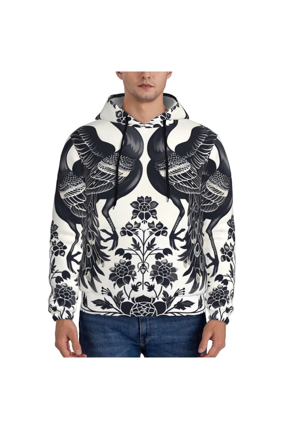 Artistic Black White Peacocks Pattern Men's Adult Pullover Hoodie,Hooded Sweatshirt-4X-Large