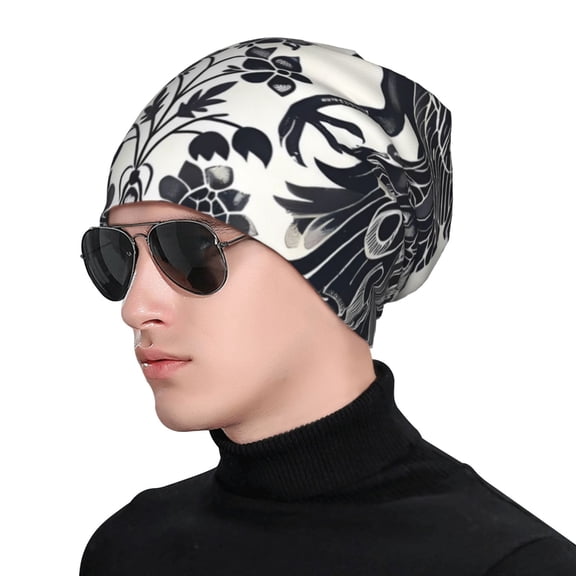 Xecao Artistic Black White Peacocks Print Beanie Knitted Hat for Men Women, Winter Fashion Knit Cuffed Caps Unisex