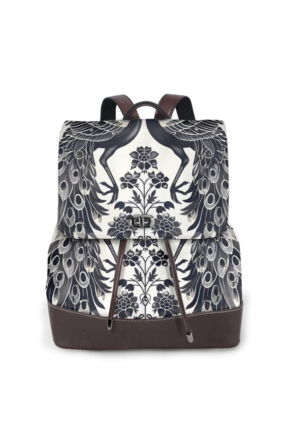 Artistic Black White Peacocks Print Large Backpack Soft Leather for Women Travel with Compartment, Adjustable Convertible Strap
