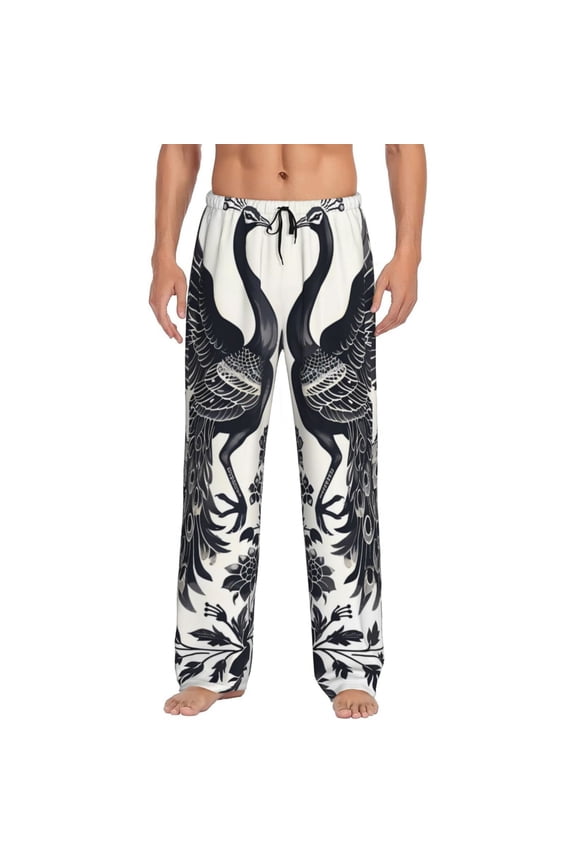 Artistic Black White Peacocks Print Men's Straight Lounge Pajama Pants - The Ultimate in Comfortable Sleepwear-