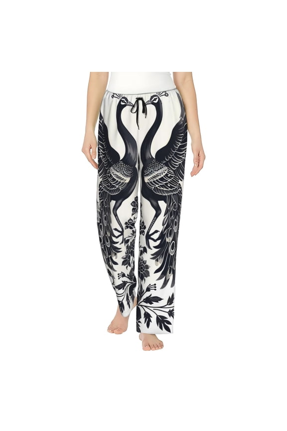 Artistic Black White Peacocks Print Women's Straight Lounge Pajama Pants,The Epitome of Relaxed Sleepwear-Medium