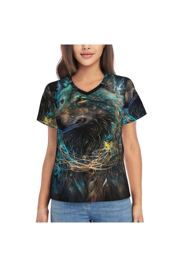 Artistic Light Dot Wolf、 for Women's V-Neck T-Shirts-Elegant Half-Sleeve Tops Perfect for Summer-3X-Large