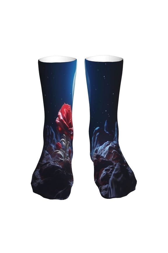 Artistic Moon Rose Print Fashion No Heel Casual Crew Socks Cushioned Breathable for Men Women - Moisture wicking,Not easy to fade Suitable for daily