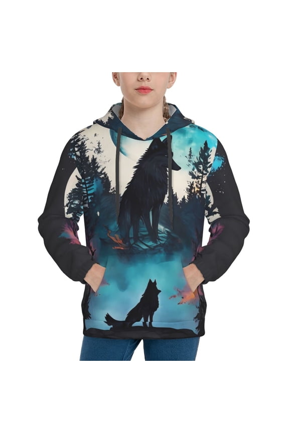 Artistic Moon Valley Wolf Print Youth Hoodie Sweatshirt,Boys Hoodies,Essentials Hoodie-X-Large