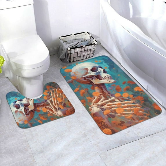 Xecao Artistic Orange Carnation Skull 2-Piece Vintage Seamless Anti-Skid Mat Set, featuring a stylish pattern for a safe and elegant toilet rug experience