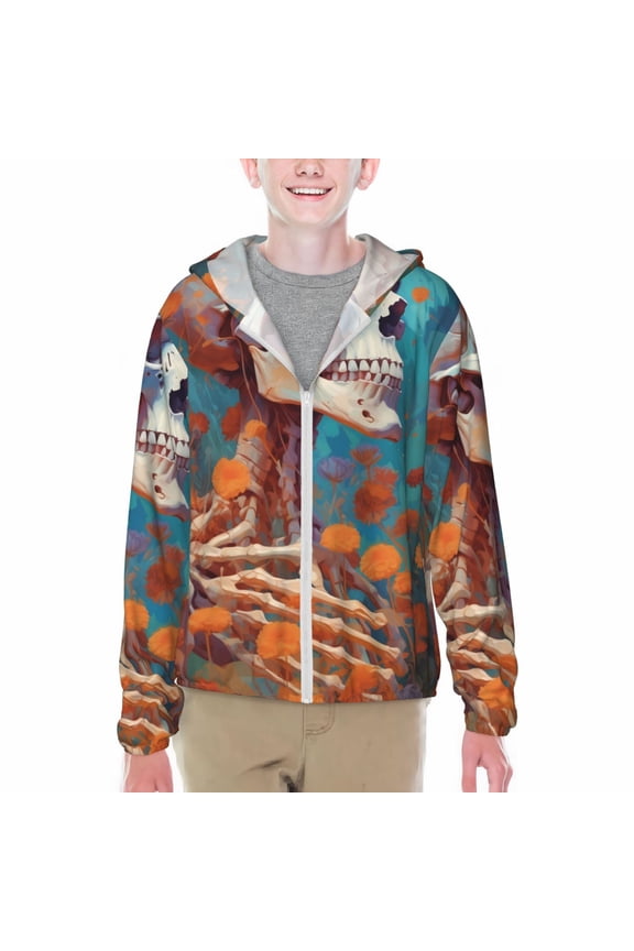 Artistic Orange Carnation Skull Print Fishing Shirts for teenager Long Sleeve UV Sun Protection Hoodie with Zipper Outdoor Hiking Shirts-Large