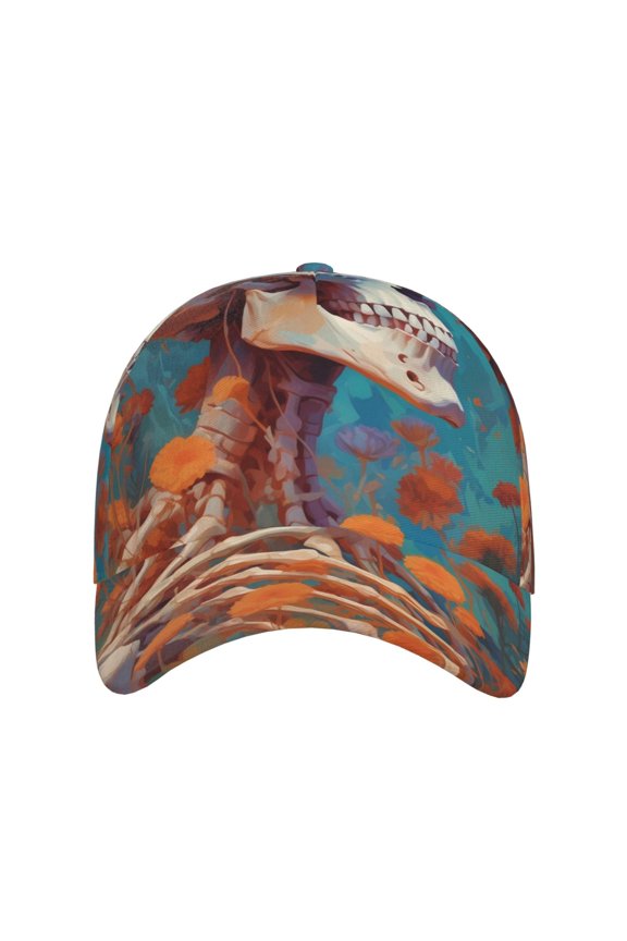 Artistic Orange Carnation Skull for Baseball Cap: Unisex, crafted from classic polyester twill fabric, featuring a soft unconstructed design