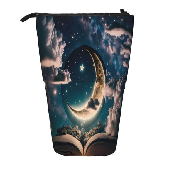 Xecao Artistic Starry Sky Moon Book Print Telescopic Pencil Bag Pen Holder Pop Up Stationery Case Stand-up Retractable Transformer Bag Standing Organizer