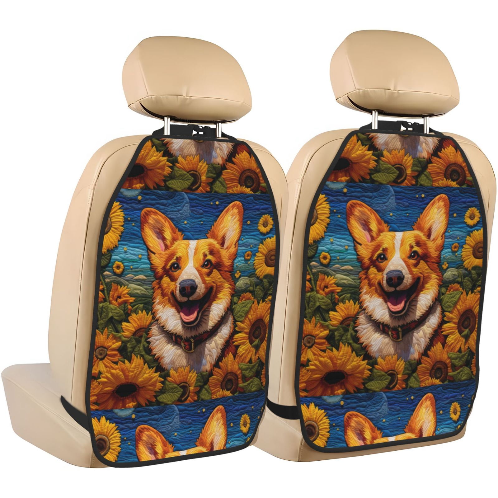 Xecao Artistic Sunflower Corgi Pattern Car Seat Back Protector 2 Pack Large Capacity Pocket, Kick Mats Back Seat Protector