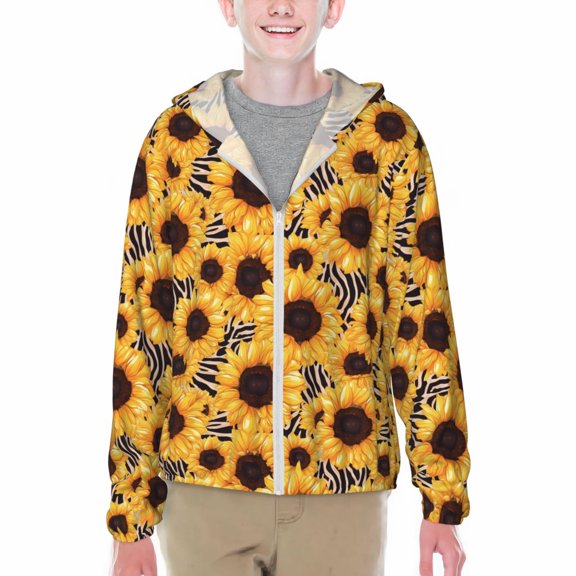 Xecao Artistic Zebra Print Sunflower Print Fishing Shirts for teenager Long Sleeve UV Sun Protection Hoodie with Zipper Outdoor Hiking Shirts-XX-Large