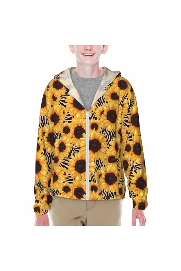 Artistic Zebra Print Sunflower Print Fishing Shirts for teenager Long Sleeve UV Sun Protection Hoodie with Zipper Outdoor Hiking Shirts-XX-Large