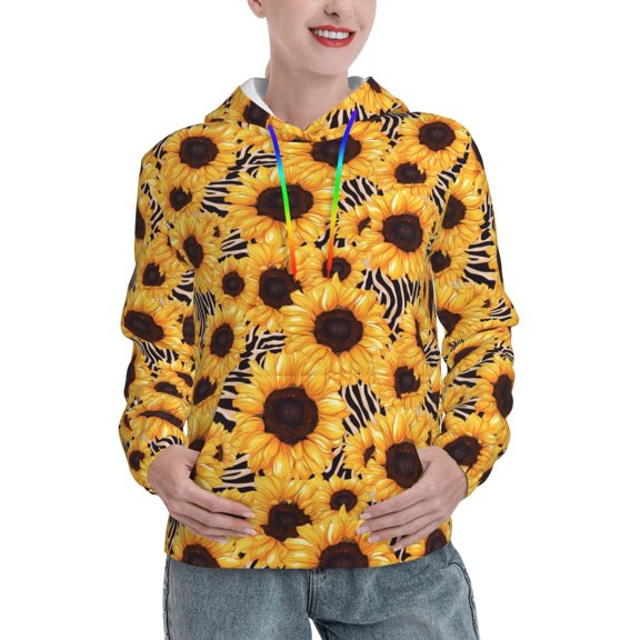 Xecao Artistic Zebra Print Sunflower Pattern Hoodies for Women Sweatshirts Long Sleeve Sweatshirts Pullover Outfits with Pocket-