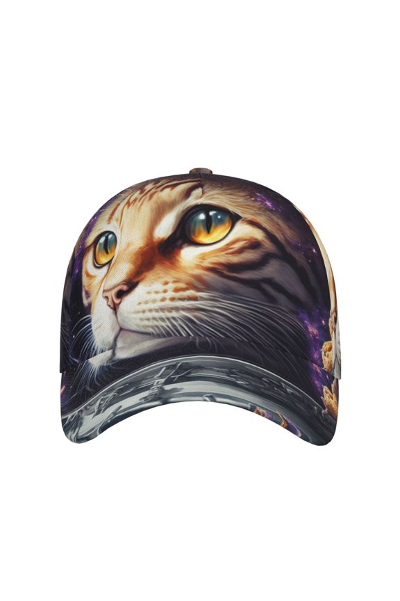 Astronaut Cat for Baseball Cap: Unisex, crafted from classic polyester twill fabric, featuring a soft unconstructed design