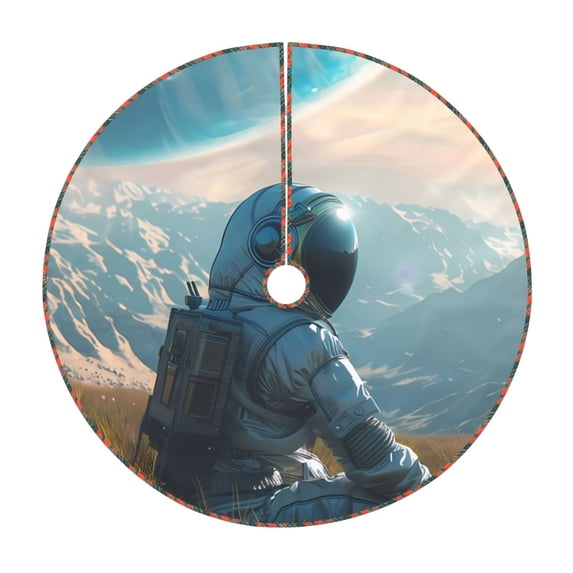 Xecao Astronaut Contemplating Planet Pattern Christmas Tree Skirt Round Xmas Tree Mat Base Cover for Holiday Home Decorations-30"