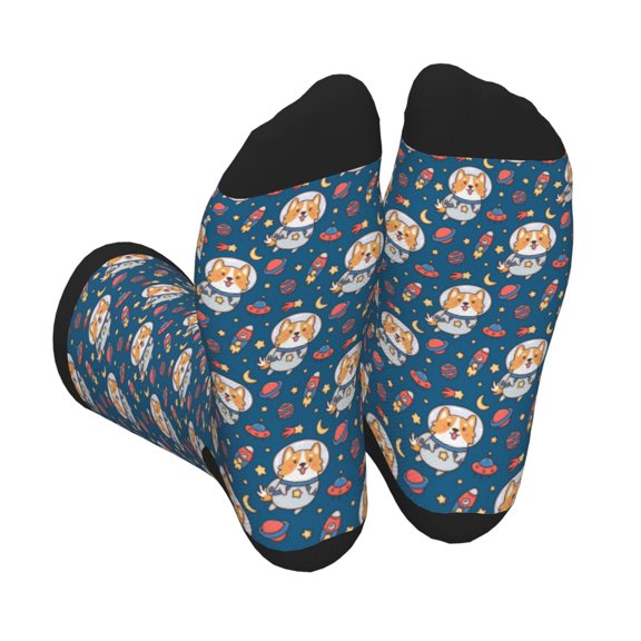 Xecao Astronaut Corgi Dog Print Crew Socks for Men and Women, Men's Soft Moisture-wicking Sock