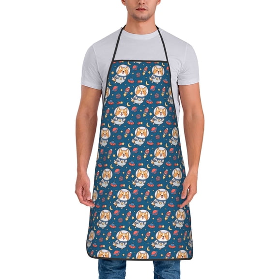 Xecao Astronaut Corgi Dog Print Funny BBQ Chef Aprons for Men Women,Adjustable Kitchen Cooking Aprons with Pocket Waterproof Oil Proof No Pilling Fading