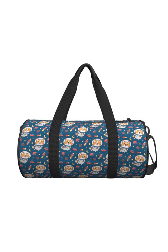 Astronaut Corgi Dog print Round Travel Duffel Bag is a foldable gym bag with an inner pocket, perfect for travel sports
