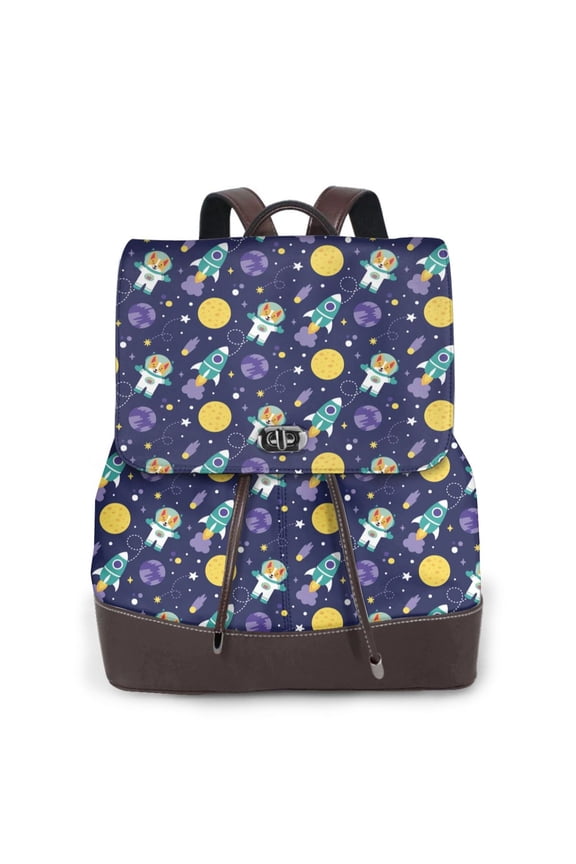 Astronaut Corgi Print Large Backpack Soft Leather for Women Travel with Compartment, Adjustable Convertible Strap