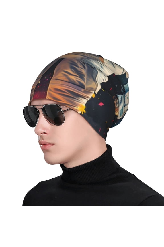 Astronaut Cosmic Rainbow Print Beanie Knitted Hat for Men Women, Winter Fashion Knit Cuffed Caps Unisex
