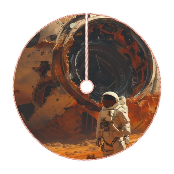 Xecao Astronaut Exploring Mars Pattern Christmas Tree Skirt Round Xmas Tree Mat Base Cover for Holiday Home Decorations-30"