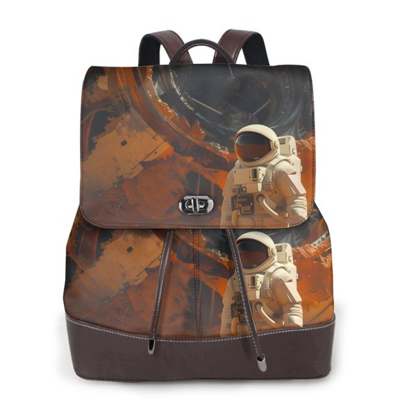Xecao Astronaut Exploring Mars Print Large Backpack Soft Leather for Women Travel with Compartment, Adjustable Convertible Strap